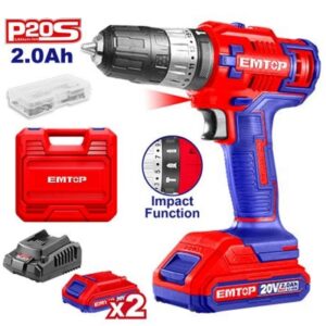 TALADRO IMPACTO Y ATORNILLADOR 10MM 20V 45Nm 2Ah Inc.2 BATERIA Y CARGADOR EMTOP